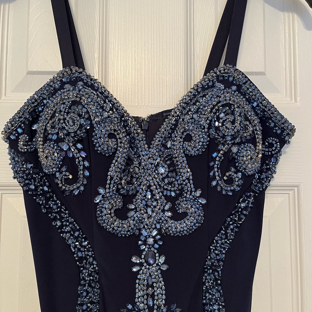 JVN by Jovani Navy, Full-Length Beaded Dress w/ Wrap, Size 2, Style #33745